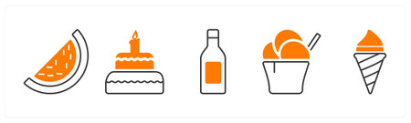 A set of 5 mix icons as watermelon, cake, champagne