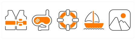 A set of 5 mix icons as life jacket, scuba, ship