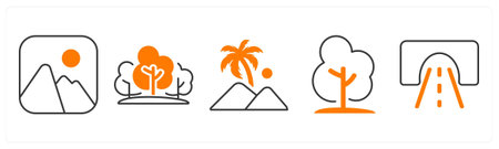 A set of 5 mix icons as mountain, forest, tree
