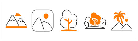 A set of 5 mix icons as mountain, tree, forest
