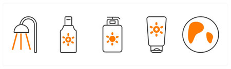 A set of 5 mix icons as shower, body lotion, sunscreen