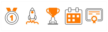 A set of 5 mix icons as medal, launch, trophy