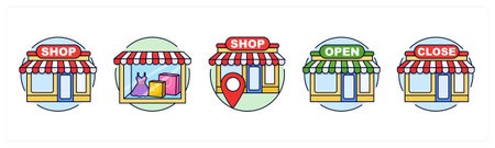 A set of 5 icons as store, window display, shop location