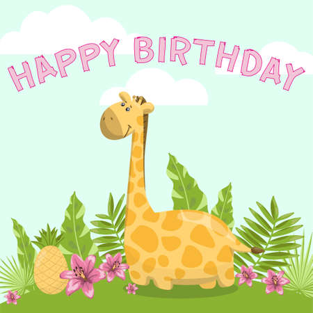 cute happy birthday card with giraffe. vectorのイラスト素材