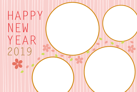 New year's card 2019. Cute Cherry Blossoms photo frame. Vector illustration.のイラスト素材