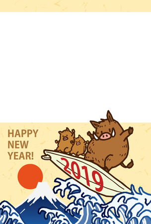 New year's card 2019. Cute wild boar on a surfboard. photo frame. Vector illustration.のイラスト素材