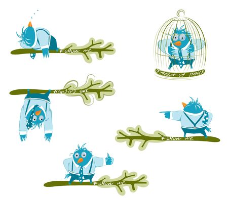 Twitter blue birds on the branch in different poses. EPS 8 organized vector illustration. No effects. のイラスト素材