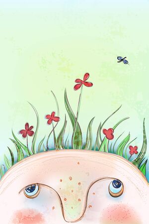 Summer flowers head illustration of a curious child with grass and flowers on his head. のイラスト素材
