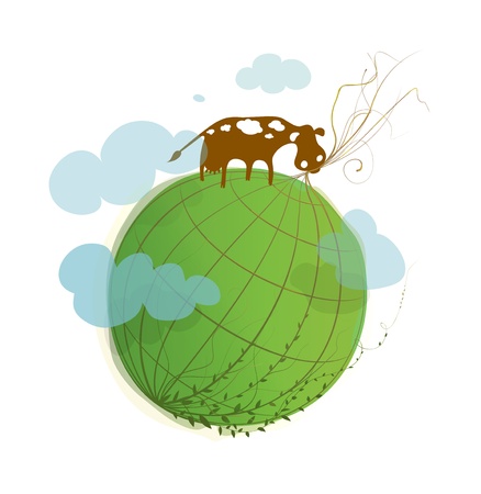 Cartoon Green Planet on White with a Cow  Environmental cartoon illustration, of green earth のイラスト素材