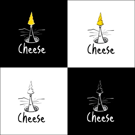 A tiny logo  illustration of a mouse holding a piece of cheese on it's nose. のイラスト素材