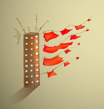 Scarlet Sails on Land. Cartoon vector illustration of a house with fluttering linen.のイラスト素材