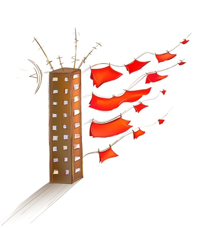 Scarlet Sails on Land. Cartoon vector illustration of a house with fluttering linen.のイラスト素材