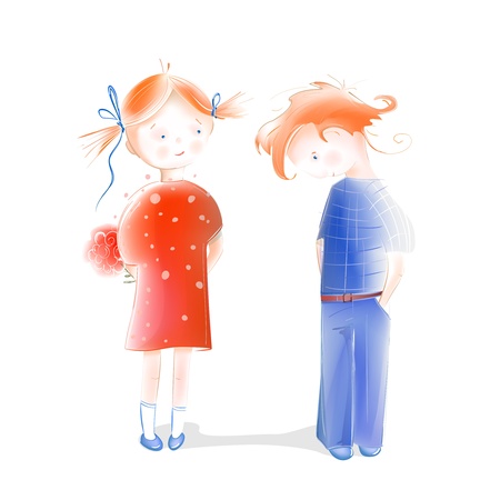 A Little Girl Presenting Flowers to a Boy. Children in love. Romantic  illustration of two cute children. のイラスト素材