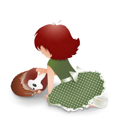 Little Girl Playing with a Cute Little Dog. cartoon illustration of a little funny girl, flattering a cute dog.のイラスト素材