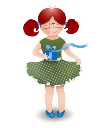Little Girl Wearing Glasses with a Gift Box. cartoon illustration of a little funny girl, holding a gift box with a bow.のイラスト素材