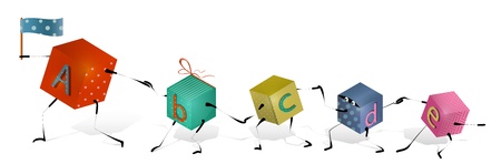 Funny Toy Blocks Walking in a Row  Toy funny colorful alphabet  blocks characters  Vector EPS 10 のイラスト素材