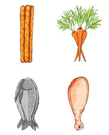 Fish Bread Carrot Chicken. illustration of foods, no effects used. Layered and grouped. のイラスト素材