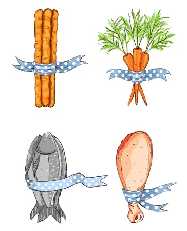 Fish Bread Carrot Chicken with Ribbons. illustration of foods, no effects used. Layered and grouped. Ribbons are grouped separately and can be easily removed or used independently.のイラスト素材