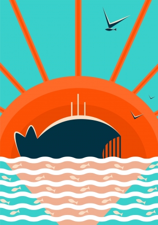 Sea Landscape with Whale Background  Graphic and bright  Layered のイラスト素材