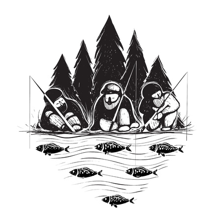 Three Fisherman Sitting on River Bank with Rods  Layered vector のイラスト素材