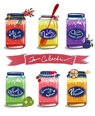 Bright Canned Sweet Fruit Jam Collection  Vector layered food illustration  Fruit and berry confiture set のイラスト素材