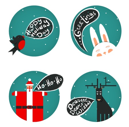 Santa Bullfinch Deer Bunny Christmas Greetings Set  のイラスト素材