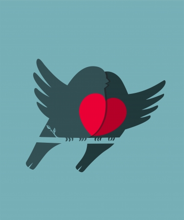 Bullfinch Birds Heart Love Couple Sitting on Twig  Birds couple in love illustration のイラスト素材