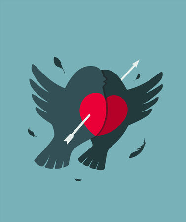 Bullfinch Birds Heart Love Couple with Arrow  Birds couple in love illustrationのイラスト素材