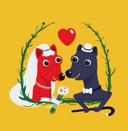 Dogs Bride and Groom Funny Portrait Illustration  Animal wedding bridal drawing  Vector illustration EPS8 のイラスト素材