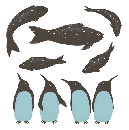 Penguins and Fish Collection Illustration set of penguins and their food    のイラスト素材