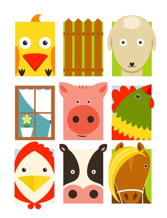 Flat Childish Rectangular Cattle Farm Animals Set  Animals design collection のイラスト素材
