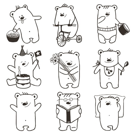 Cartoon Baby Bears in Action Collection. Nine hand drawn  simple childish bears set. のイラスト素材