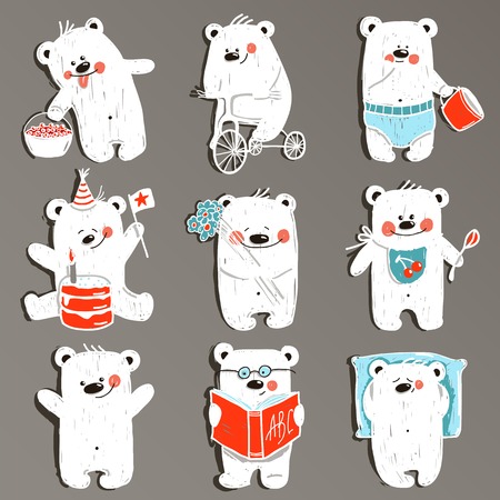 Cartoon White Baby Bears in Action Collection.のイラスト素材