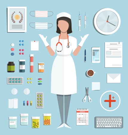 Doctor Standing Ready to Work with Pills Medications Bottles and Tools Medicine flat style illustration with a nurse. Vector EPS10.のイラスト素材