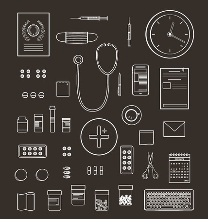Outlined One Color Medical Symbols and Icons Collection on Black Medicine monochrome tools and medicaments black and white. Vector EPS10.のイラスト素材