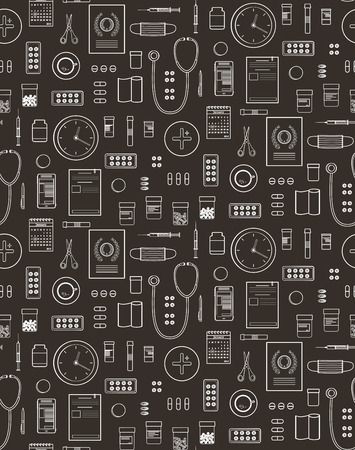Outlined Medical Symbols and Icons Seamless Pattern Background on Black Medicine monochrome tools and medicaments black and white. Vector EPS10.のイラスト素材
