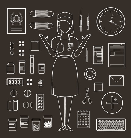Outlined One Color Medical Symbols and Icons Collection on Black Medicine monochrome tools and medicament set isolated. Vector EPS10.のイラスト素材