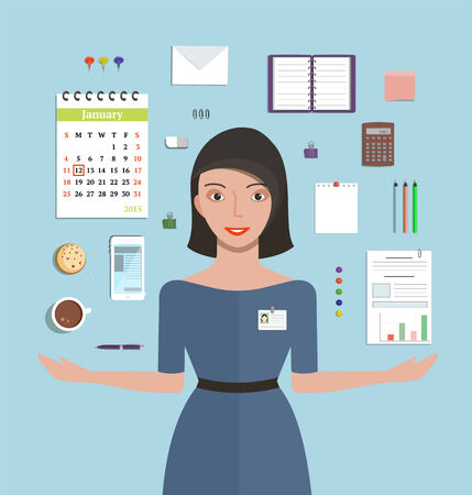 Office Manager Woman Working and Supplies Objects Composition Pretty girl showing office supplies flat style vector illustration.のイラスト素材