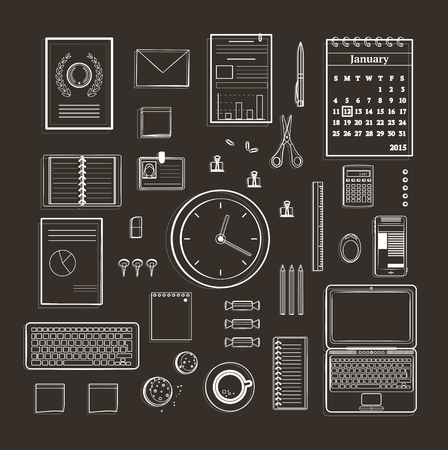 Office Supplies Collection Flat Lines Monochrome Illustration on Black Business black and white objects for organisation set. Vector design.のイラスト素材