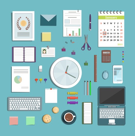 Office Supplies Collection Flat Style Illustration. Business process objects for planning and organisation. Vector design.のイラスト素材