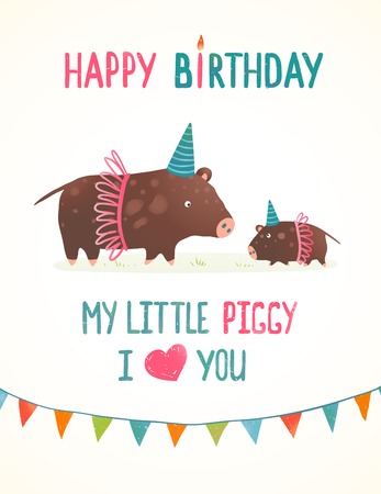 Little Piggy and Mother Birthday Greeting Card Cartoon Illustration Cute pigs in clothes mama love design with flags. Vector illustration.のイラスト素材