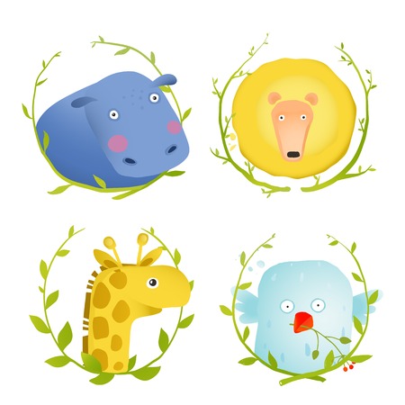 African Animals Fun Cartoon Portraits with Wreath. Brightly colored childish animals hand drawn. Vector illustration.のイラスト素材