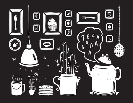 Teapot Lamp Vase Kitchen Still Life Art Frames on Black  Tea-drinking black and white rustic design elements. Vector EPS10.のイラスト素材