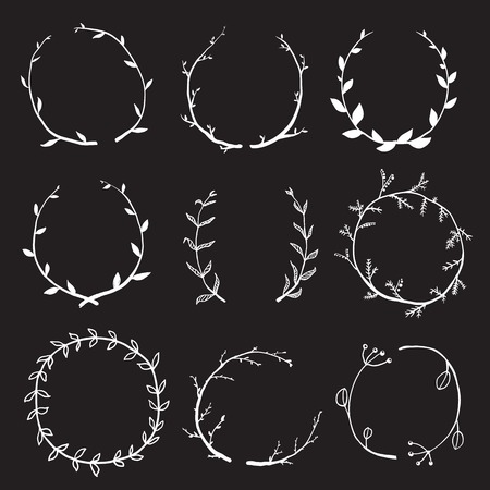 Rustic Laurel and Wreath Collection for Design on Black Hand drawn sketchy style wreath clip art set. Vector EPS10.のイラスト素材