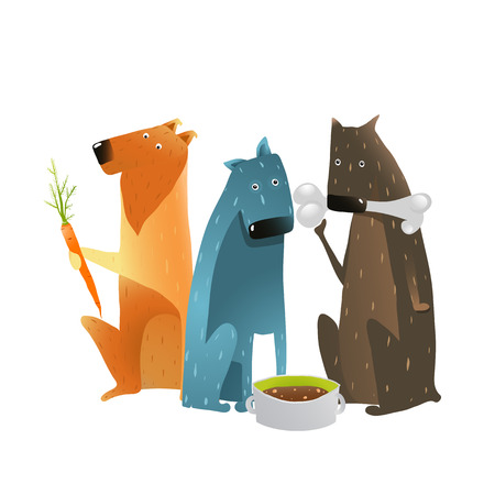 Dogs Eating Different Types of Food. Three cartoon dogs with different types of food on white background. のイラスト素材