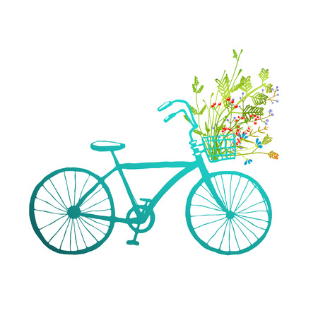 Vintage Summer Bike with Bunch of Flowers Card . Summer blue bicycle with a basket full of plants illustration. Vector EPS10.のイラスト素材