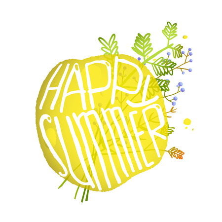Bright Yellow Circle Bubble  with Sign Happy Summer. Abstract composition isolated on white with field grass and flowers. Vector EPS10.のイラスト素材