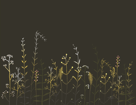 Wild Field Flowers and Grass on Black Background. Rustic colorful meadow at night illustration. Vectorのイラスト素材