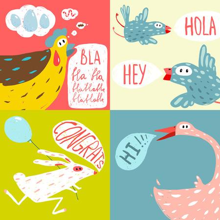 Colorful Fun Cartoon Domestic Animals Greeting Cardsのイラスト素材
