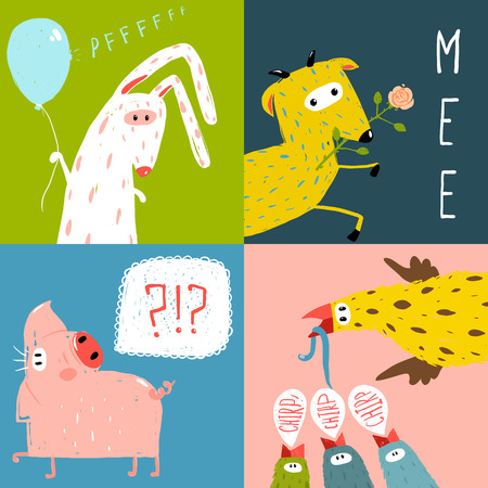 Bright Cartoon Farm Animals Square Greeting Cardsのイラスト素材